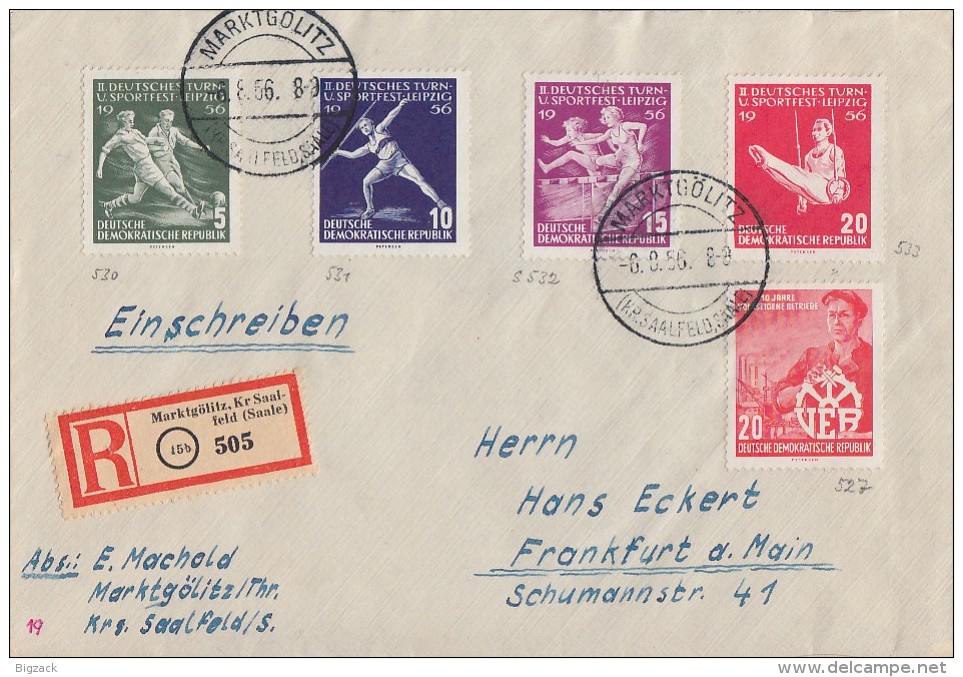 DDR R-Brief Mif Minr.530-533, 527 Marktgölitz 6.8.56 - Briefe U. Dokumente