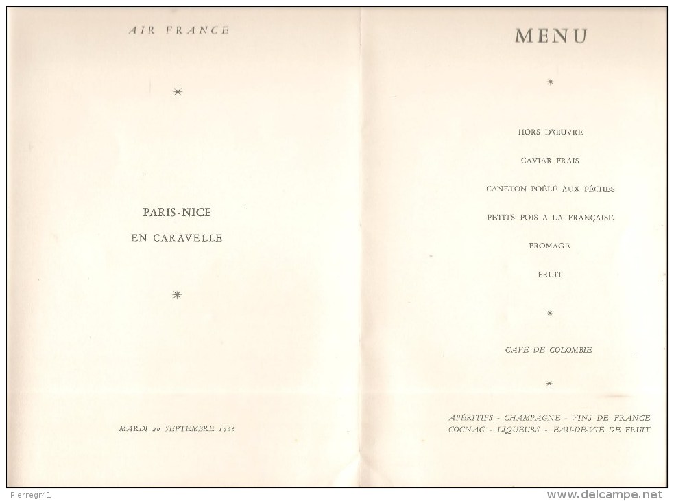 MENU-02/66-AIR FRANCE-LIGNE-PARIS-NICE-en CARAVELLE-PORTRAITS Par COURTOIS-Format-26x18cm- -TBE - Menus