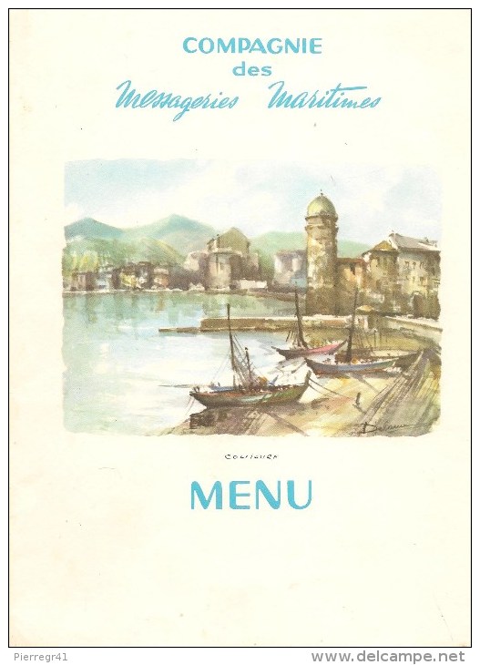 MENU-03/68--CIE MESSAGERIES MARITIMES-PAQUEBOT-LA BOURDONNAIS-AQUARELLE-COLLIOURE-Ft-24x18cm- -TBE - Menus