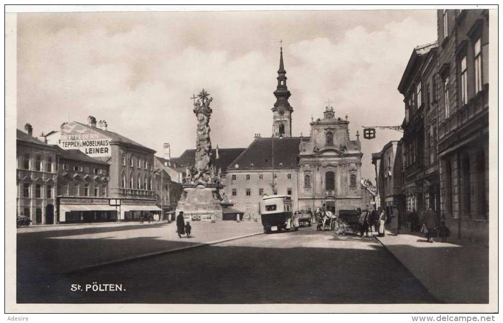 ST.PÖLTEN Rathausplatz Mit Franziskanerkirche, Möbelhaus Leiner, Autobus, Fuhrwerk, Karte Gel.1929 - St. Pölten