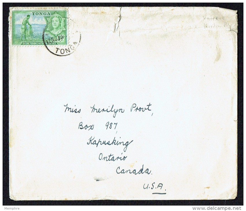 TONGA   SHORE FISHING WITH THROW NET  SG 102  SINGLE ON COVER TO CANADA - Tonga (...-1970)