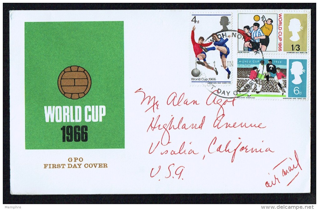 1966  Football World Cup  SG 693p-695p  FDC To USA - 1952-1971 Pre-Decimal Issues