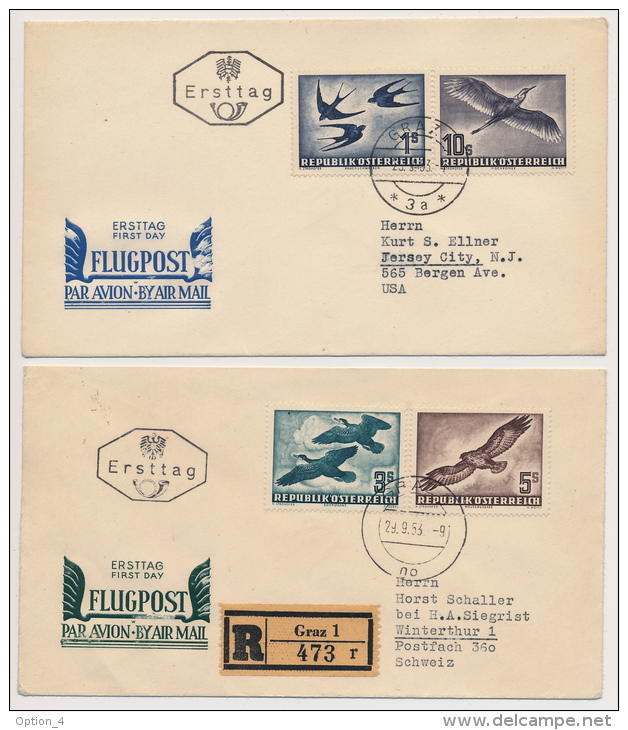 **Österreich Austria 1950/53 ANK 967-73 Mi 955-56, 968x, 984-87 (2 Scans) Vögel Birds Flugpost - FDC