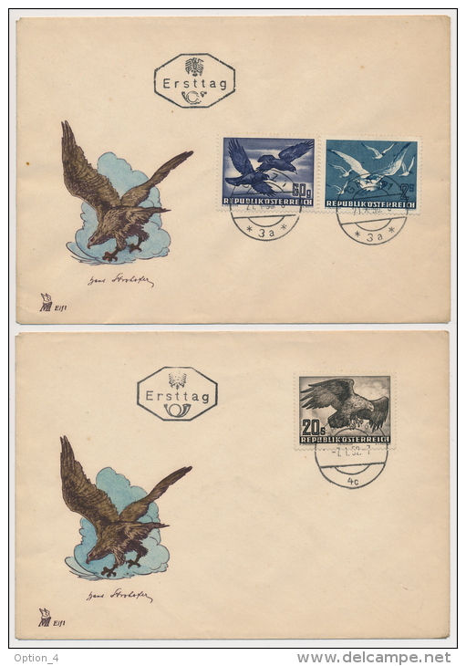 **Österreich Austria 1950/53 ANK 967-73 Mi 955-56, 968x, 984-87 (2 Scans) Vögel Birds Flugpost - FDC