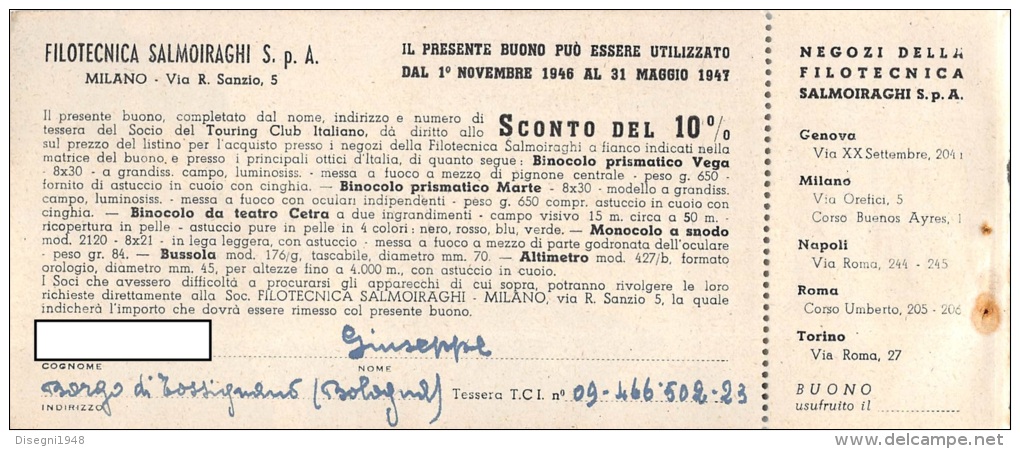 03298 "FILOTECNICA SALMOIRAGHI  - BUONO D'ACQUISTO CON SCONTI A SOCI TOURING CLUB ITALIA 1946 / 1947". COUPON ORIGINALE. - Pubblicitari