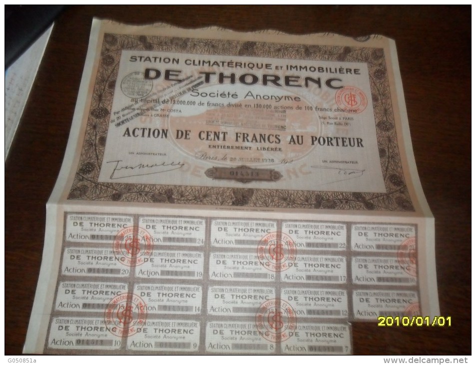 1928- ACTION De 100Frs  (**IMMOBILIERE De THORENC   ** ++ COUPONS ) Siege A PARIS - Tourisme