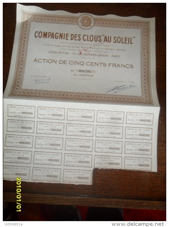 - ACTION De 500Frs  (**COMP/des CLOUS Au SOLEIL** ++ COUPONS ) Siege A PARIS - Toerisme