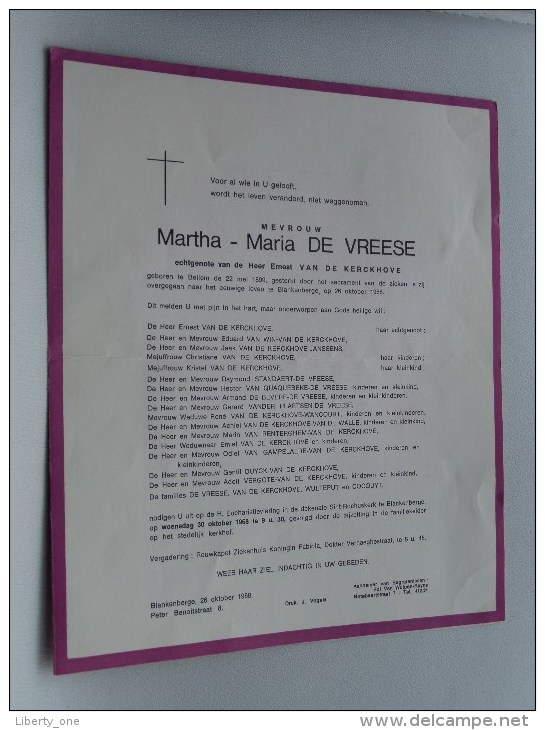 Martha Maria De VREESE 22 Mei 1899 Bellem / Blankenberge 26 Oct 1968 ( Doodsbrief / Nécrologie - Details Zie Foto ) !! - Autres & Non Classés