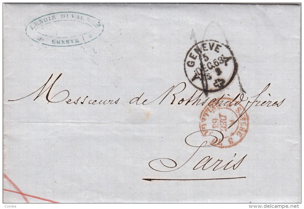 GENEVE 1863, Lettre Adressée De Rothschild Frères, Paris. Entrée SUISSE BELLEGARDE 3, LENOIR-DUVAL.Taxe Plume  /5152 - 1849-1876: Période Classique