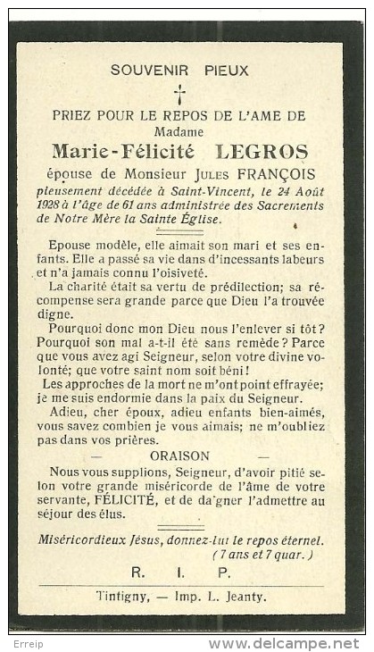 Tintigny Saint Vincent Marie Félicité Legros  épouse De Jules François 1928 - Tintigny