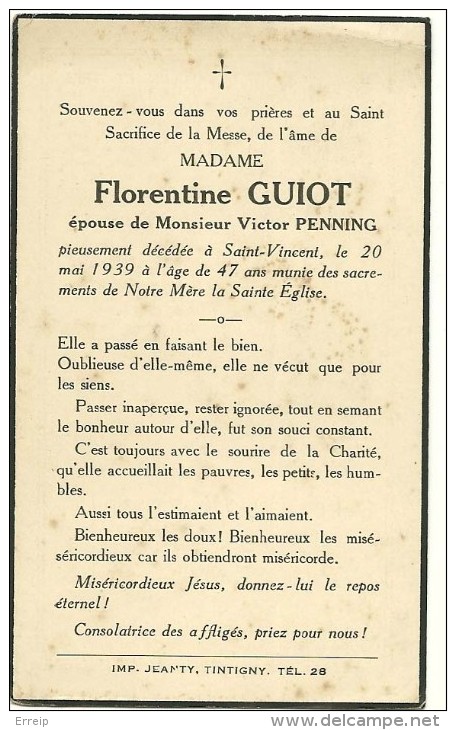 Tintigny Saint Vincent  Florentine Guiot épouse De Victor Penning 1939 - Tintigny