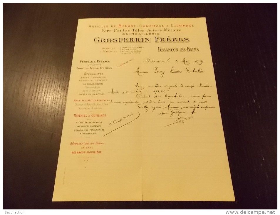 Besancon Les Bains Grosperrin Frères Quincaillerie Essence Outillage Clous à Cheval Affilés 1909 - Droguerie & Parfumerie
