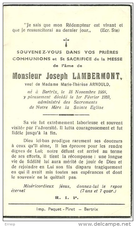 Bertrix   Joseph Lambermont Veuf De Marie Thérèse Arnould 1868 1959 - Bertrix