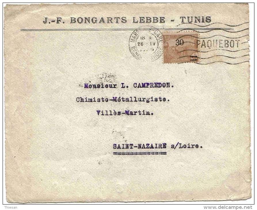 Tunisie Lettre Tunis Marseille Paquebot 1926  Belege Cover Brief - Lettres & Documents