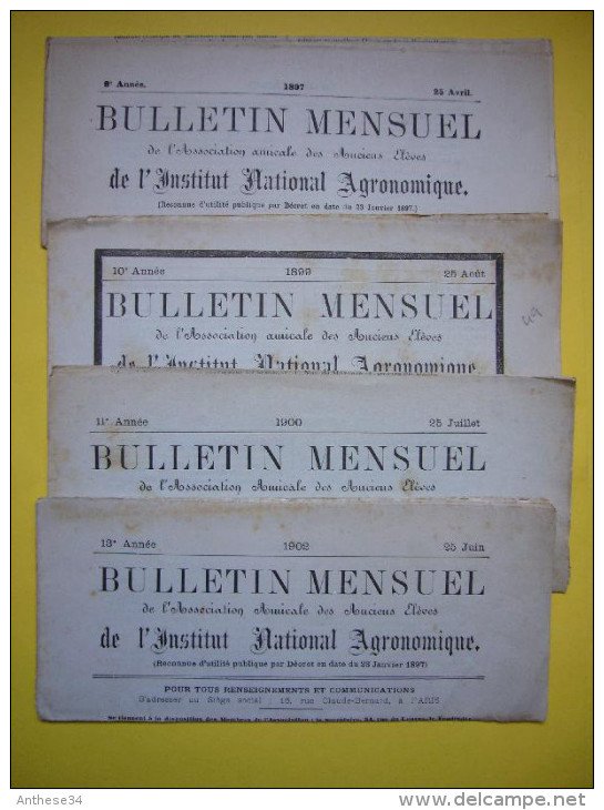 Lot De 4 Bulletin Mensuel De L'institut National Agronomique 1897 Amicale Des Anciens élèves - 1850 - 1899