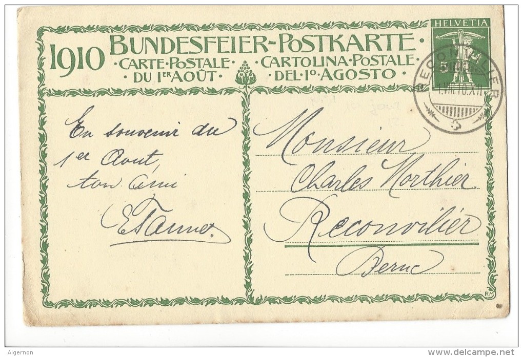 N3 - Fête Nationale Bundesfeier Carte N° 1 1er Jour 01.08.1910 Reconvilier (format 145/95) - Entiers Postaux