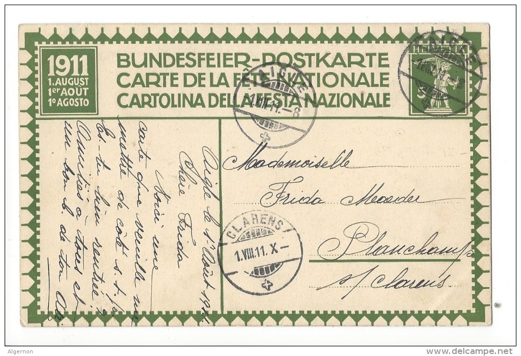 N8 - Fête Nationale Bundesfeier Carte N°2 (carton Blanc) 1er Jour 01.08.1911 Aigle Pour Clarens - Interi Postali