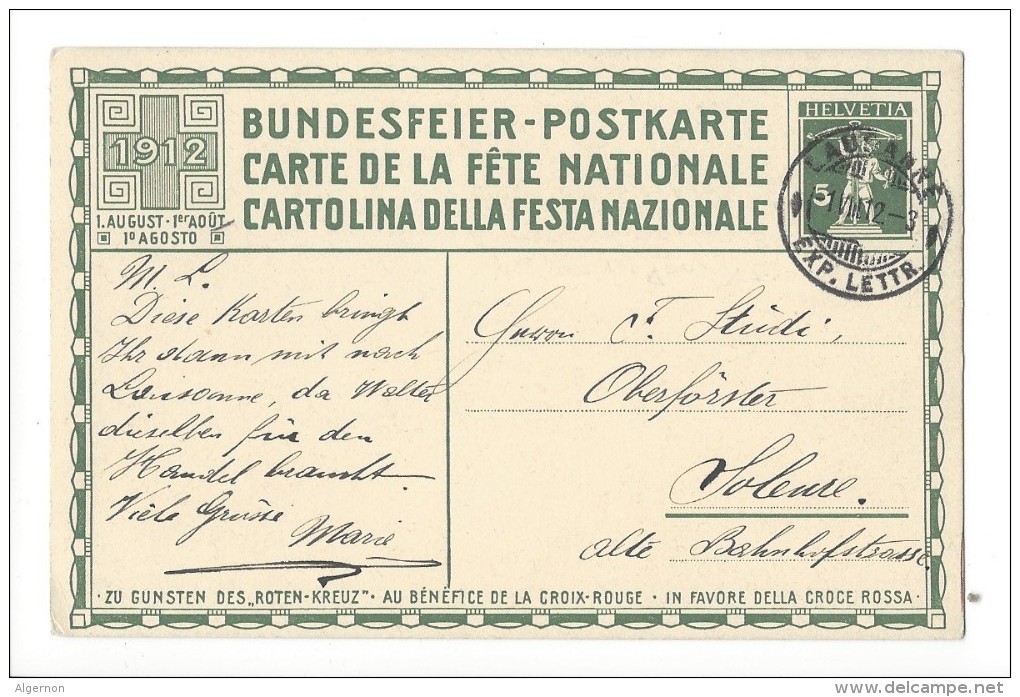 N11- Fête Nationale Bundesfeier Carte N°3  1er Jour 01.08.1912  Lausanne Pour Soleure - Entiers Postaux
