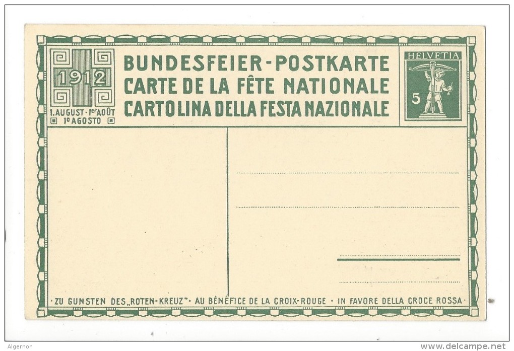 N19- Fête Nationale Bundesfeier Carte N°4  Carte Neuve 1912 - Stamped Stationery