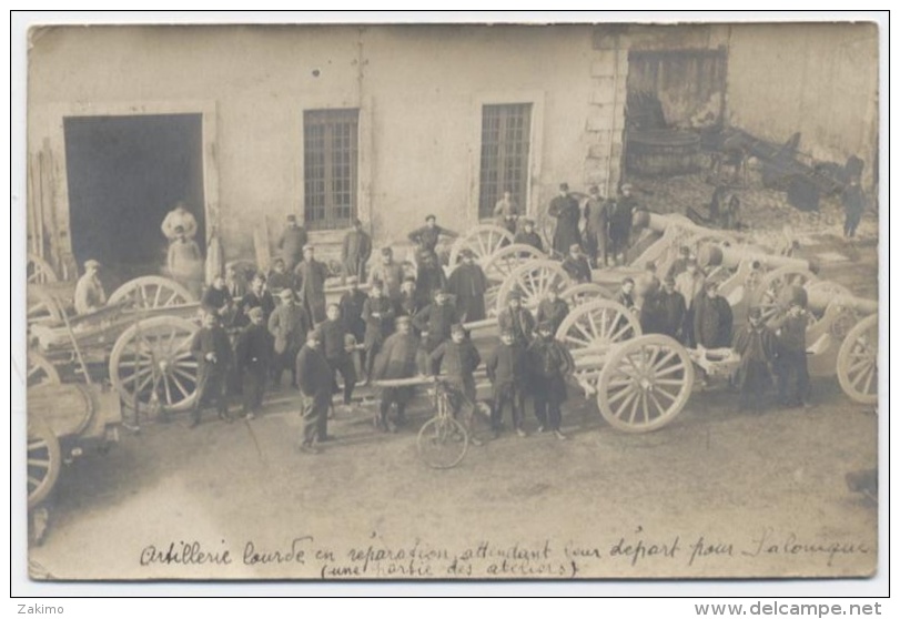 CARTE PHOTO- ARTILLERIE LOURDE POUR LE DEPART DE  SALONIQUE  -RECTO/VERSO -C14 - Manovre