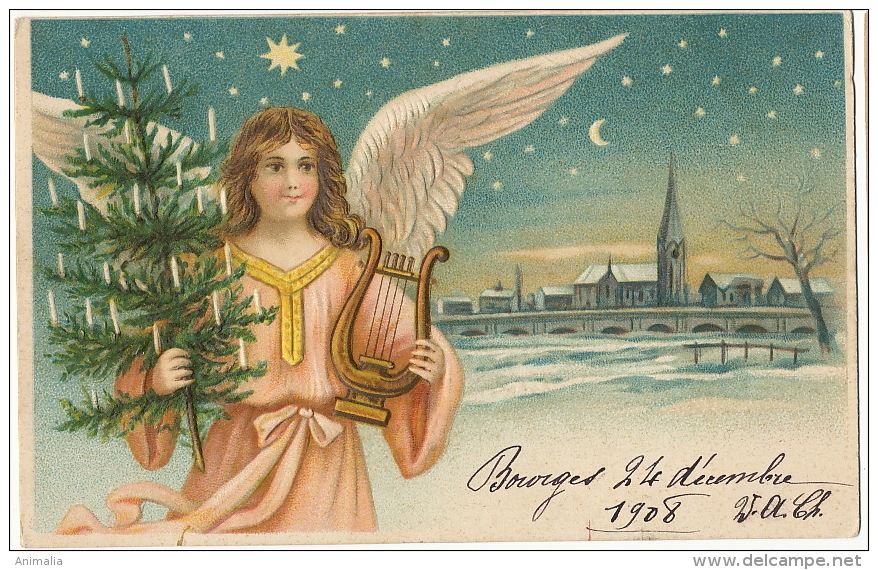 Angelot Gaufrée  Noel Sapin Lyre   Cupid Angels  Christmas   Embossed - Anges
