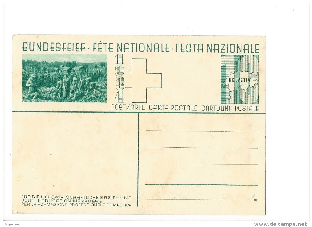 N27- Fête Nationale Bundesfeier Carte1934 Jeune Fille Pour L'éducation Ménagère Carte Neuve - Entiers Postaux
