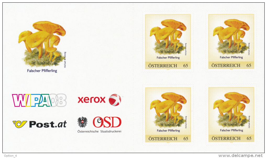 Austria Mushrooms Pilze (II) Sheet Of 4 + Allonge °BM10004 - Testphase PBM WIPA 2008 Selbstklebend ! - Personnalized Stamps