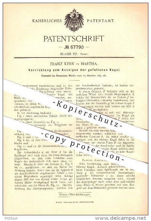 Original Patent - Franz Kern In Hartha , 1891 , Vorrichtung Zum Anzeigen Der Gefallenen Kegel , Kegeln !!! - Hartha