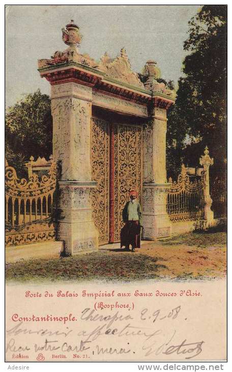 CONSTANTINOPEL - Porte Du Palais Imperial Aux Eaux Donces D'Asie (Bosphore), Seltene Karte Gel.1908, Abgel.Marke - Turquie