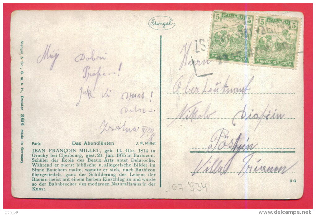 167934 / 1920 RARE Zsolna , Zilina,  Sillein  - Slovakia  Czechoslovakia  Hungary , France Art Jean-Francois MILLET - Storia Postale