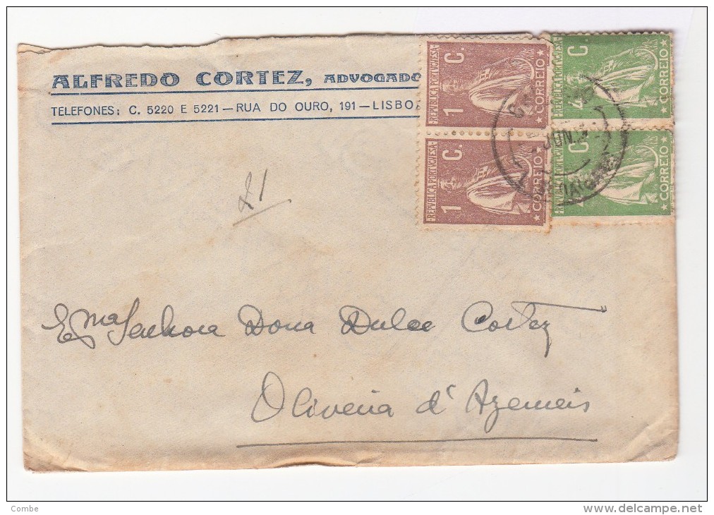 LETTRE PORTUGAL.1921.  CERES 2 COULEURS. 10C. 4 TIMBRES.  LISBOA - OLIVEIRA DE AZEMEIS/ 4418 - Marcophilie