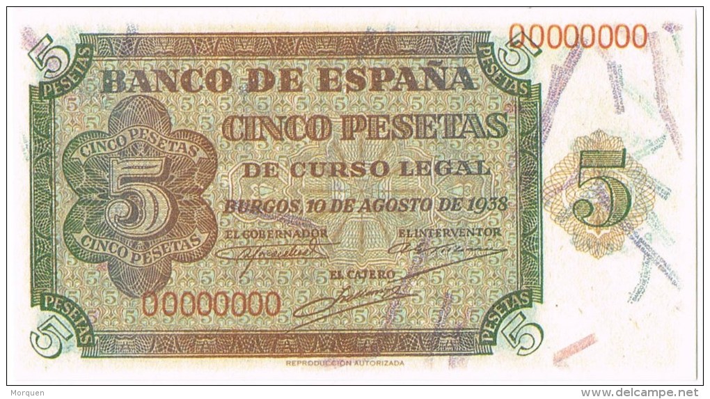 Billete España  5 Pts 1938. Plancha REPRO Numeros 0000000, Reproduccion Autorizada - 5 Pesetas