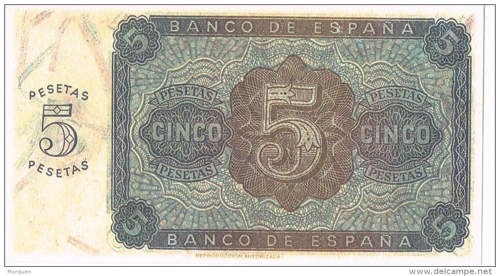 Billete España  5 Pts 1938. Plancha REPRO Numeros 0000000, Reproduccion Autorizada - 5 Pesetas