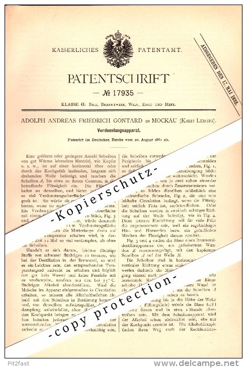 Original Patent - A. Gontard In Mockau B. Leipzig , 1881 , Verdunstungsapparat , Alkohol , Brauerei , Brennerei !!! - Historische Dokumente