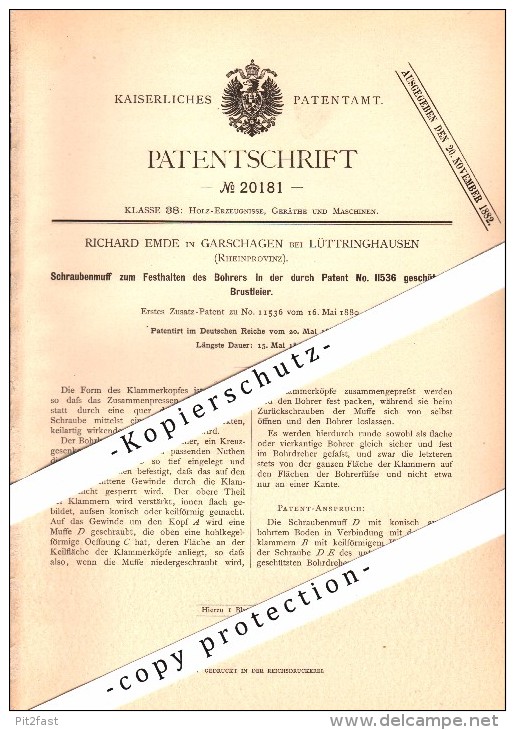 Original Patent - Richard Emde In Garschagen B. Lüttringhausen / Remscheid , 1882 , Bohrer Und Brustleier , Bohrmaschine - Historische Dokumente