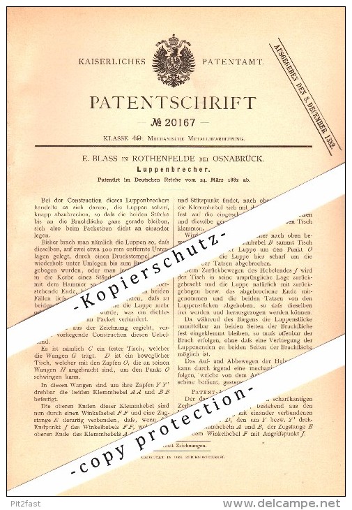 Original Patent - E. Blass In Bad Rothenfelde B. Osnabrück , 1882 , Luppenbrecher , Metallbau !!! - Bad Rothenfelde