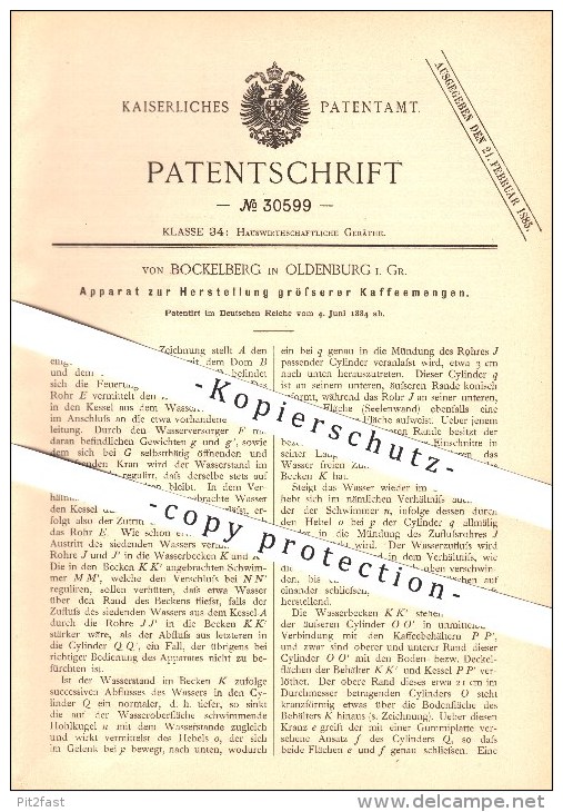 Original Pantent - Von Bockelberg In Oldenburg I. Gr. , 1884 , Apparat Zur Herstellung Größerer Kaffeemengen , Kaffee !! - Oldenburg