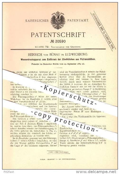Original Pantent - Heinrich Von Bünau In Ludwigsburg , 1884 , Apparat Zum Entfernen Der Zündhütchen Aus Patronenhülsen ! - Ludwigsburg