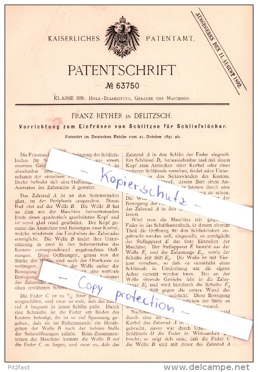 Original Patent - Franz Reyher In Delitzsch , 1891 , Einfräsen Von Schlitzen Für Schließlöcher !!! - Delitzsch