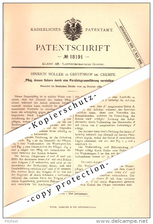 Original Patent - H.Möller In Grevenkop B. Crempe , 1881, Pflug Mit Parallelogrammführung , Itzehoe , Steinburg , Krempe - Itzehoe
