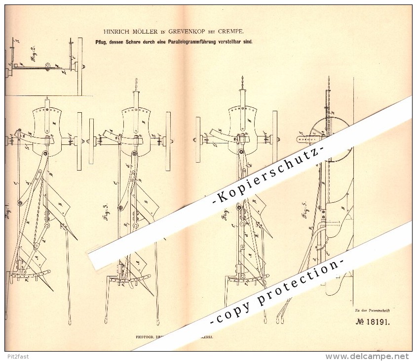 Original Patent - H.Möller In Grevenkop B. Crempe , 1881, Pflug Mit Parallelogrammführung , Itzehoe , Steinburg , Krempe - Itzehoe