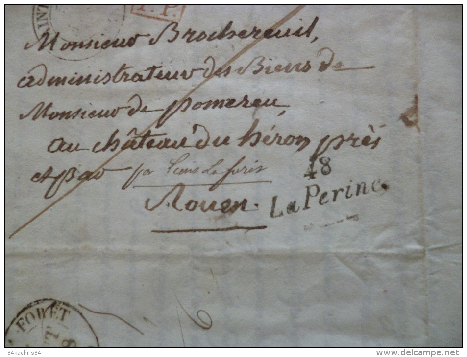 Rare Lettre Cachet PP Rouge Pour Le Château Du Héron. Cachet Lions La Forêt 7/08/1788 + Griffe Linéaire La Perine - 1701-1800: Précurseurs XVIII