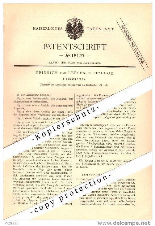 Original Patent - Heinrich Von Leesen In Itzehoe , 1881 , Fußwärmer !!! - Itzehoe