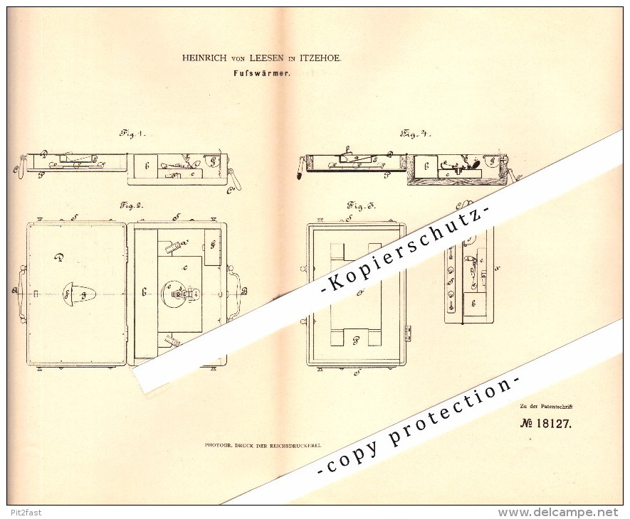 Original Patent - Heinrich Von Leesen In Itzehoe , 1881 , Fußwärmer !!! - Itzehoe