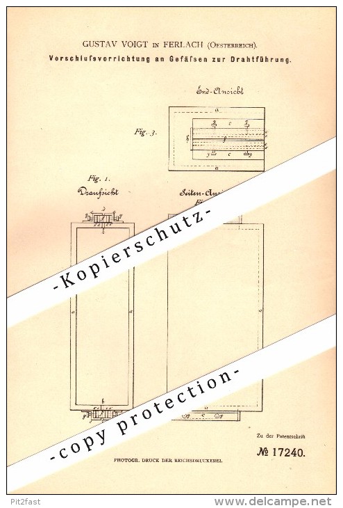 Original Patent - Gustav Voigt In Ferlach , Kärnten , 1881 , Verschluss An Gefäßen Zur Drahtführung !!! - Ferlach