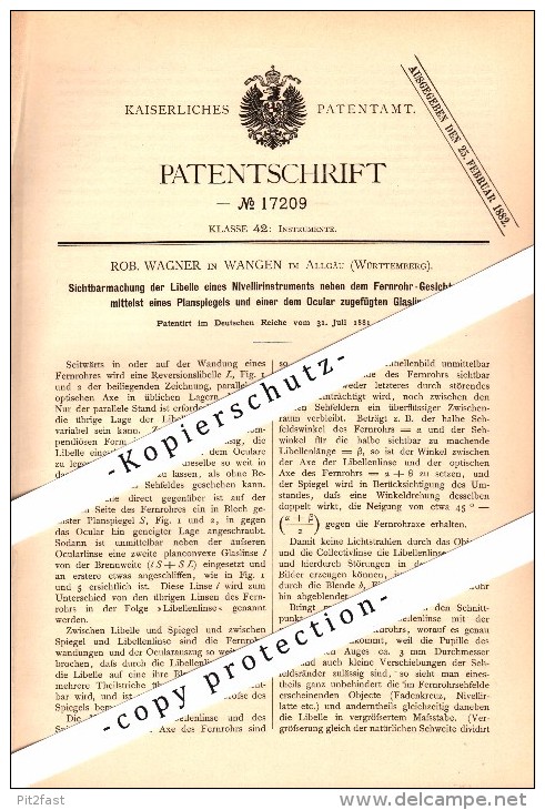 Original Patent - R. Wagner In Wangen Im Allgäu , 1881 , Nivellierinstrument Mit Libelle Und Okular !!! - Wangen I. Allg.