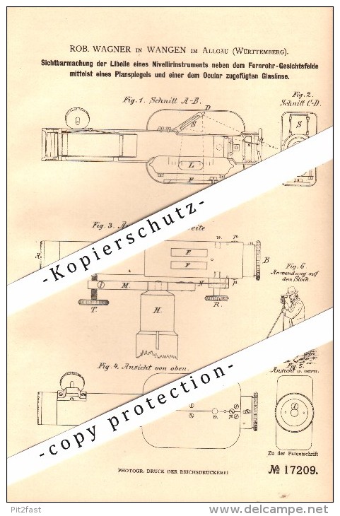 Original Patent - R. Wagner In Wangen Im Allgäu , 1881 , Nivellierinstrument Mit Libelle Und Okular !!! - Wangen I. Allg.