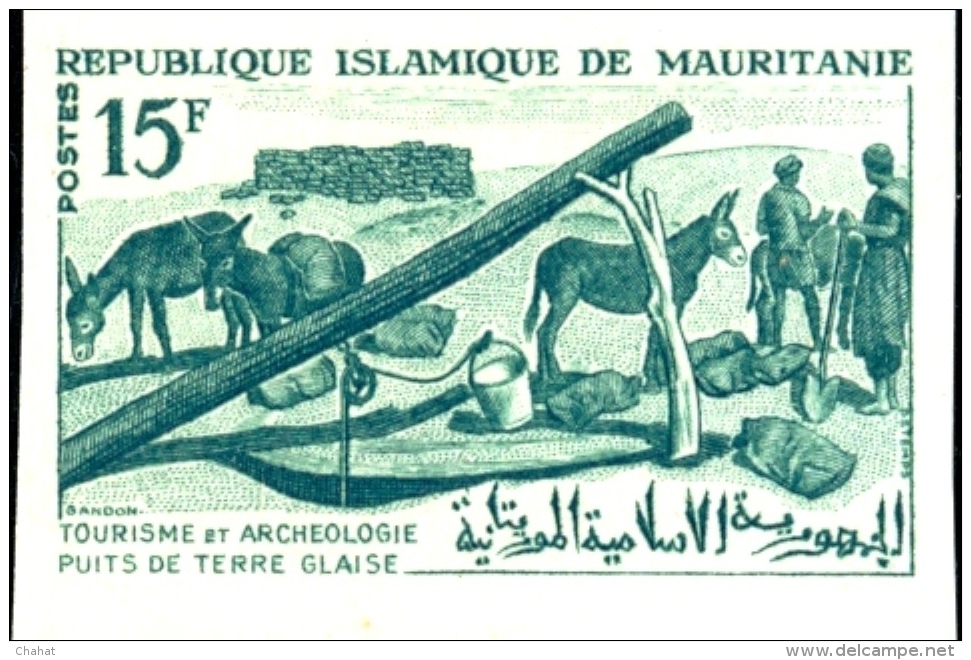 DONKEYS PULLING WATER FROM CLAY WELLS-TOURISM & ARCHAEOLOGY-COMPOSITE COLOR TRIALS PROOF-MAURITANIA-RARE-MNH-DCN-85 - Anes