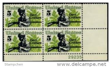 Plate Block -1967 USA American Folklore, Davy Crockett Stamp Sc#1330 Famous Scrub Pine Gun Martial - Cuentos, Fabulas Y Leyendas