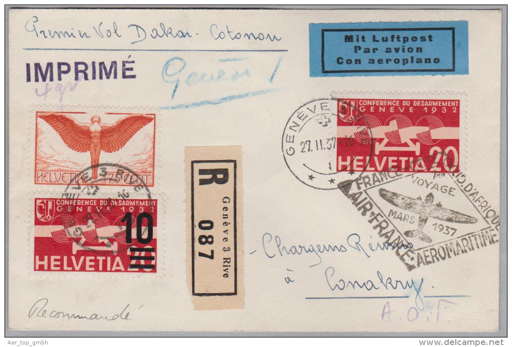 Schweiz R-Luftpost Brief 1937-02-27 Genève 3 Rive Nach Conakry AOF Erstflug Dakar-Cotonou - Erst- U. Sonderflugbriefe